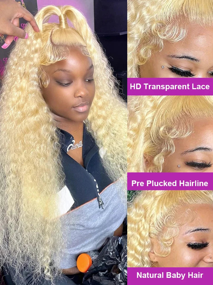 613 Transparent Hd Lace Front Human Hair Wig Curly 13x6 Honey Blonde Deep Wave Full Lace Frontal Wig Brazilian 40Inch 250Density