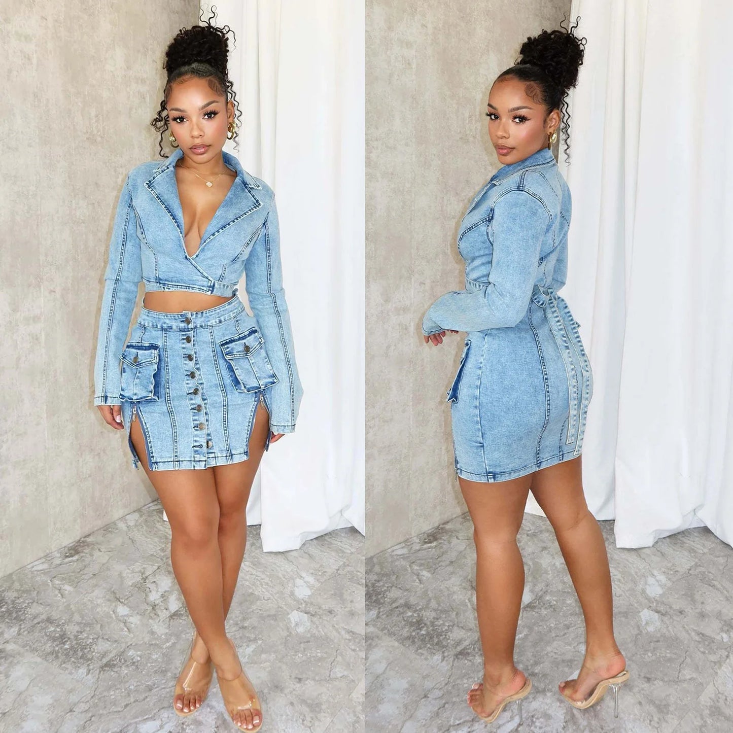 Sexy Denim Jean 2 Piece Skirt Sets Winter Outfits Y2K Streetwear Crop Tops Denim Fashion Jackets Coats Two Piece Skirt Set