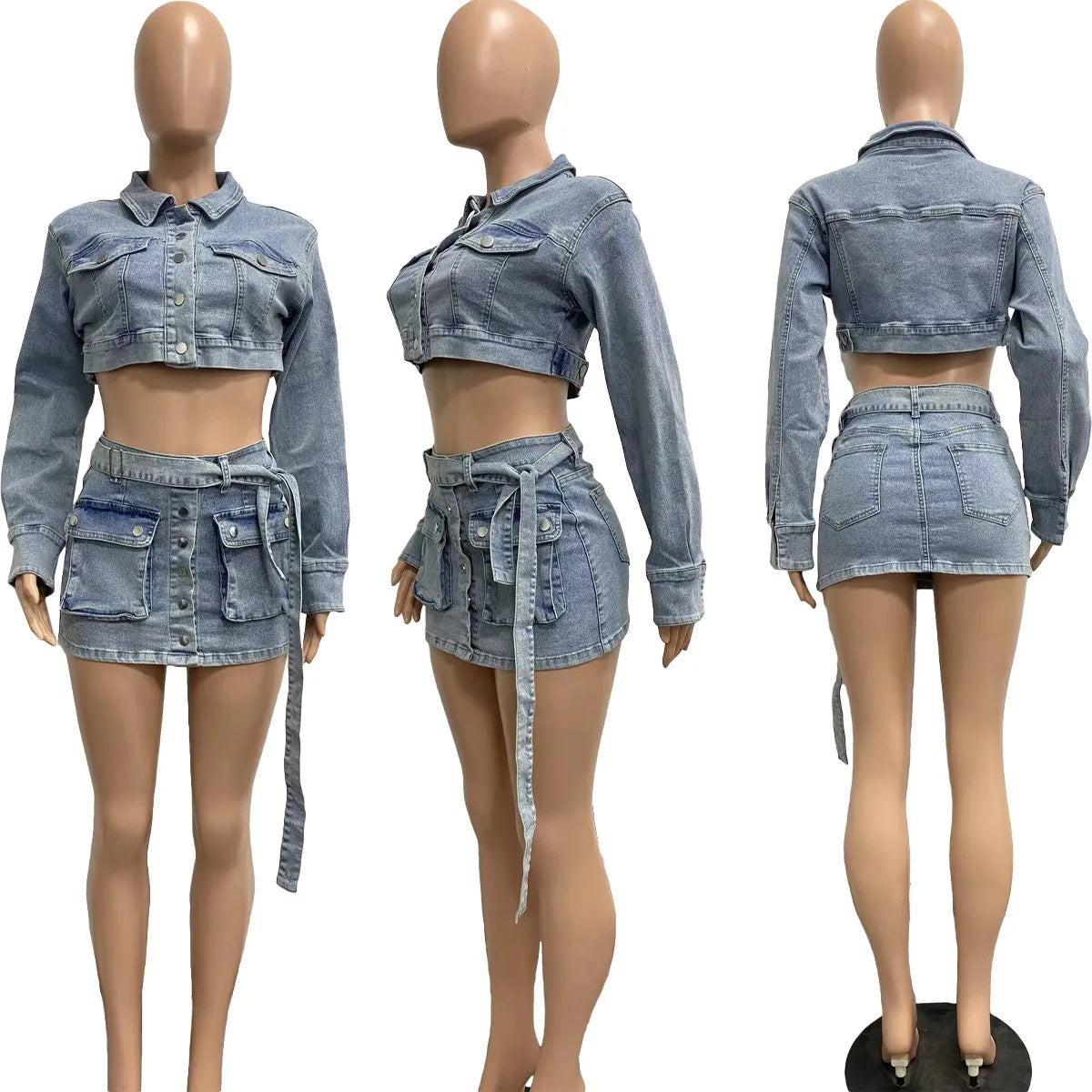 Denim Jackets Jean Dress 2 Piece Skirt Sets 2023 Winter Fall Y2K Streetwear Sexy Cargo Pocket Denim Dress Two Piece Skirt Set