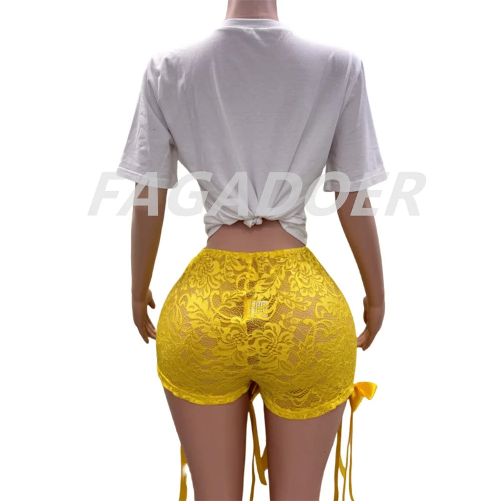 FAGADOER Fashion Y2K Sweet Bow Bandage Lace 2 Piece Sets Outfits Women Round Neck Short Sleeve Top And Shorts Outfits Streetwear