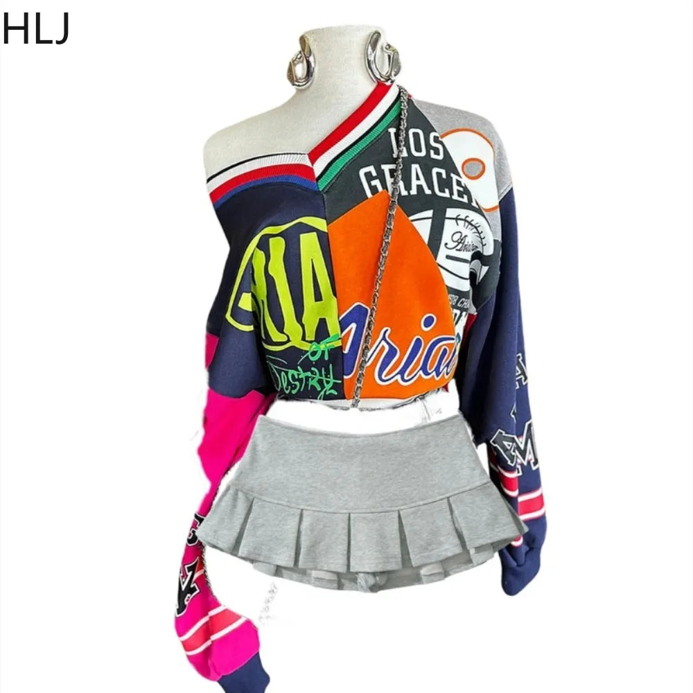 HLJ Fashion Y2K Letter Print Pullover Two Piece Sets Women V Neck Long Sleeve Top And Mini Pleated Skirts Outfit Female Clothing