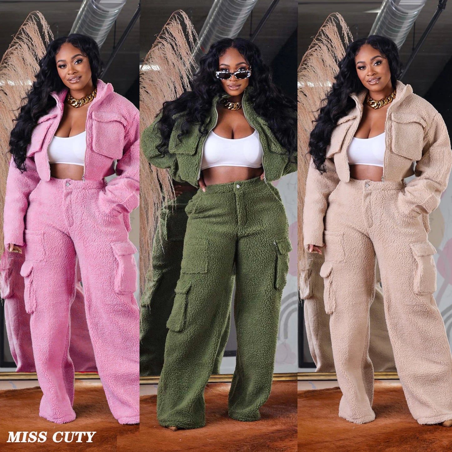 2 Piece Matching Clothes For Women Fur Jackets Tops and Pants Set Joggers Tracksuits Thick And Warm 2023 Winter Fashion Clothes