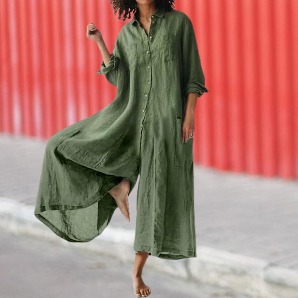 Cotton LinenWomen Jumpsuit Oversized Vintage Button Jumpsuit Summer Women Casual Beach Playsuit Wide Legs Pants Loose Romper