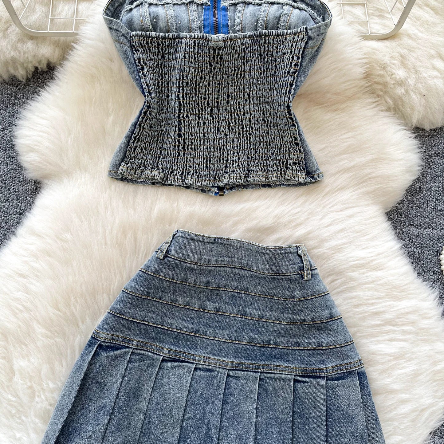 2025 New Women Denim Clothing Suits Chic Zipper Willow nail sleeveless strapless Tops + Pleated Jeans Mini Skirt 2-piece Sets