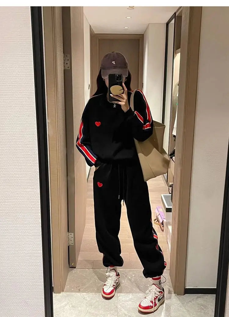 Autumn Cute Love Embroidery Pant Sets Two Pieces Tracksuits Khaki Side Striped Sweatshirt Women Girls Loose Sporty Korean Style