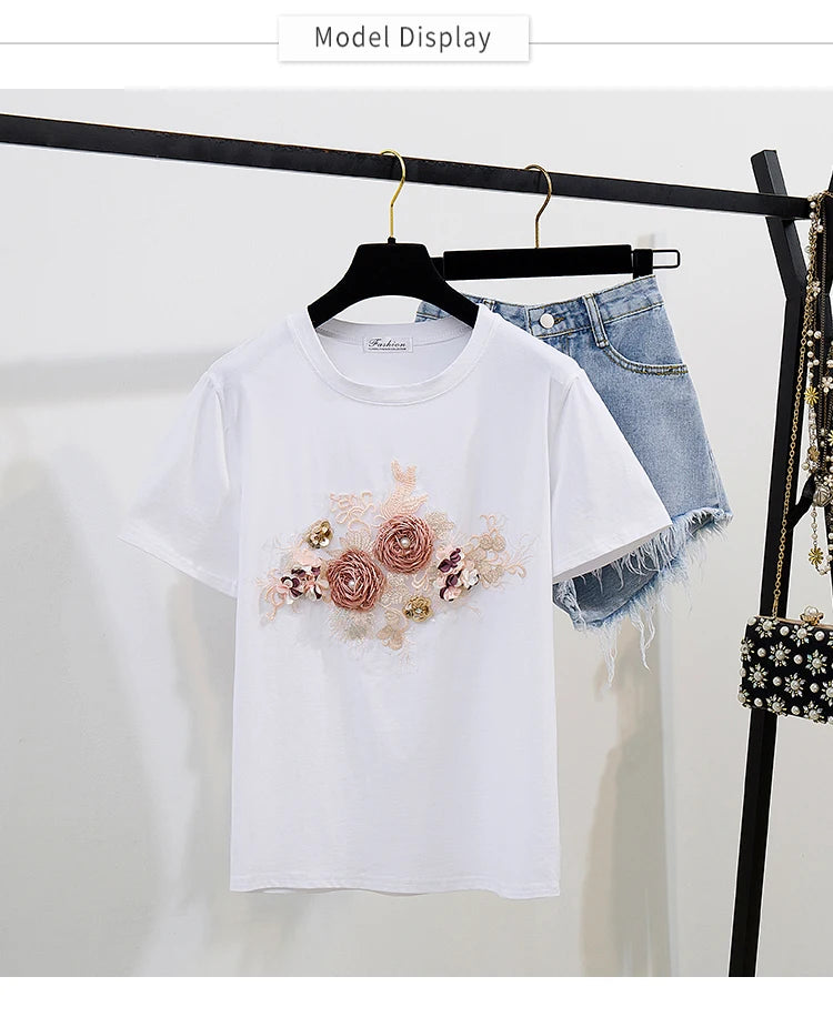 Fashion Cotton T-Shirt Tops + Short Jeans 2 Pieces Sets 2024 New Summer Women's Denim Pants Outfits 3D Flowers Beading Suits