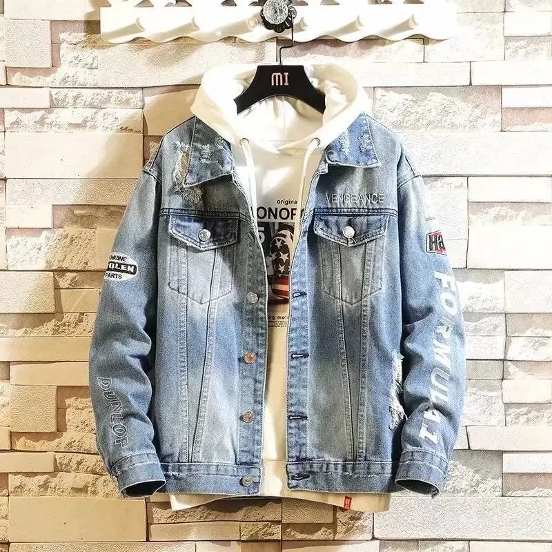 With Embroidery Men's Denim Jacket Autumn Trendy Fashion High Quality Male Jean Coats Fast Delvery Menswear Rock of Fabric Korea