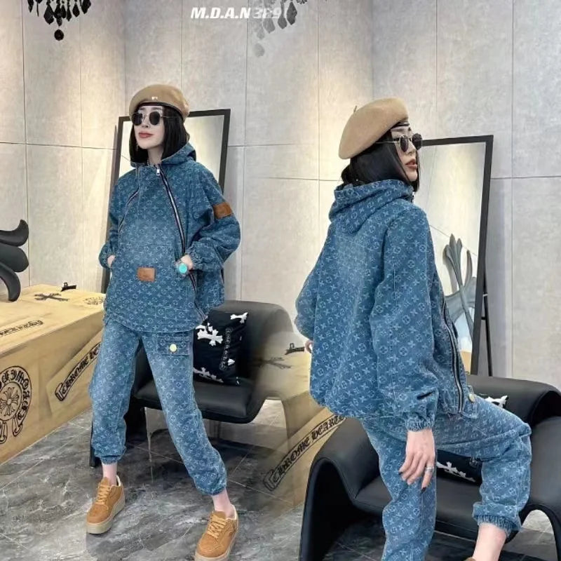 European denim fashion suit for women loose trendy for spring and autumn vintage denim jacket harem pants two-piece set trendy