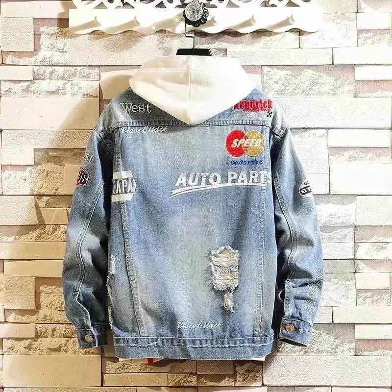 With Embroidery Men's Denim Jacket Autumn Trendy Fashion High Quality Male Jean Coats Fast Delvery Menswear Rock of Fabric Korea