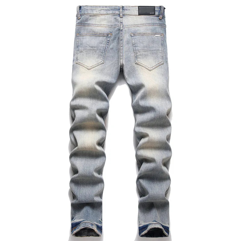 Men Light Blue Denim Jeans Skinny Holes Jeans New Fashion Stretch Denim Pants High Quality Male Slim Fit Denim Trousers Size 38