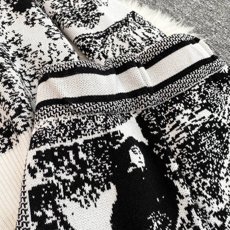 Autumn Winter New Temperament Crew Neck Slim Knit Sweater Loose Trousers Animal Pattern Printed Two-Piece Suit