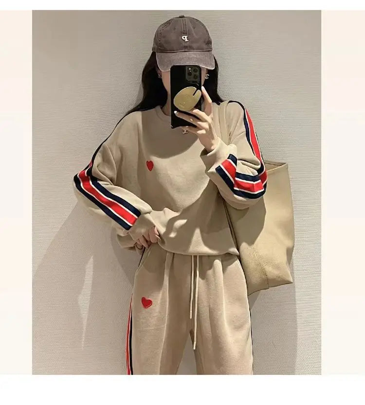 Autumn Cute Love Embroidery Pant Sets Two Pieces Tracksuits Khaki Side Striped Sweatshirt Women Girls Loose Sporty Korean Style