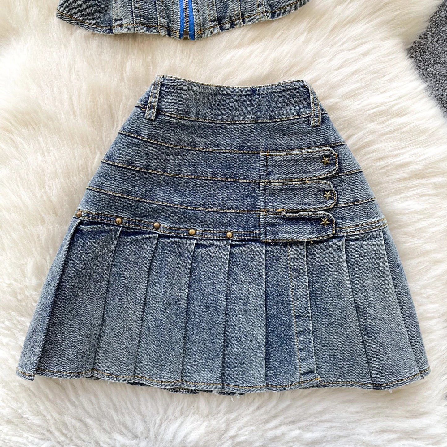 2025 New Women Denim Clothing Suits Chic Zipper Willow nail sleeveless strapless Tops + Pleated Jeans Mini Skirt 2-piece Sets