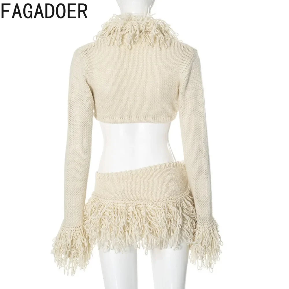 FAGADOER Knitting Sexy Two Piece Set For Women Lace Up Tassels Patchwork Crop Top + High Slit Skirt Suits Hot Girl Streetwear