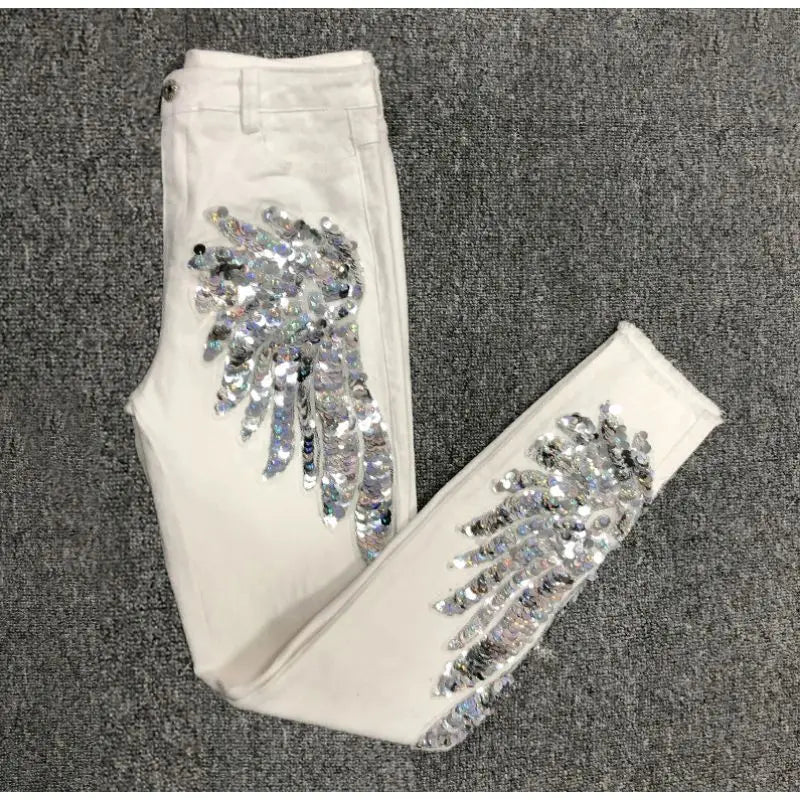 White Sequin Phoenix flower Denim Pants For women's 2025 New Korean Slim Elastic Pencil Skinny Jeans Female Ankle length Pants