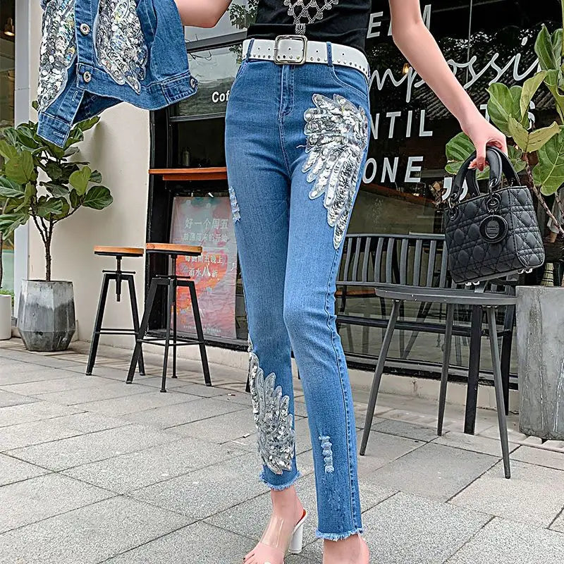 White Sequin Phoenix flower Denim Pants For women's 2025 New Korean Slim Elastic Pencil Skinny Jeans Female Ankle length Pants