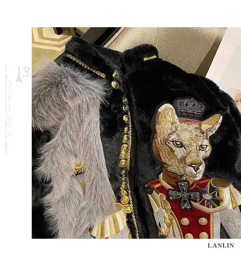 Luxury Women Cartoon Embroidery Faux Mink Fur Stitching Jacket Stand Collar Velvet Coat OL Furry Cardigan Flocking Tops Jaqueta