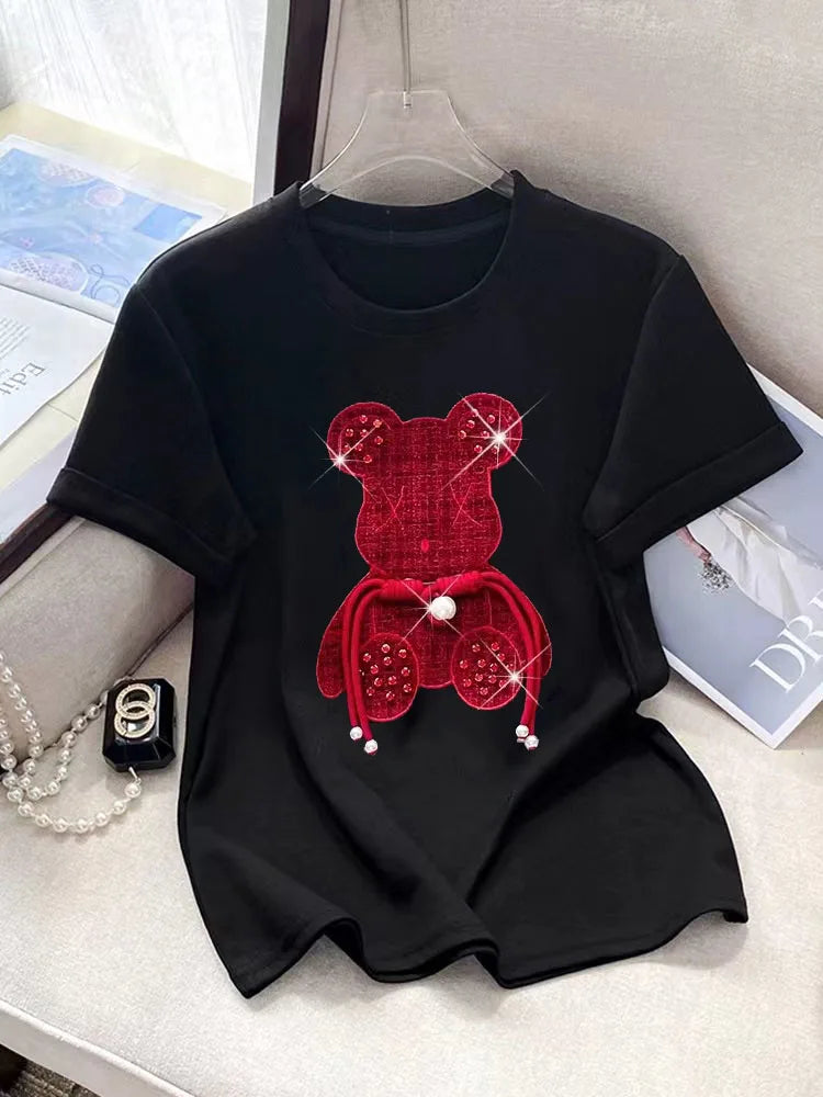 Buckle Pink Bear Beading T-shirt Heavy Handmade Diomand Shiny Bowknot Embroidery T Shirt Summer Tees Top Accessories Clothes