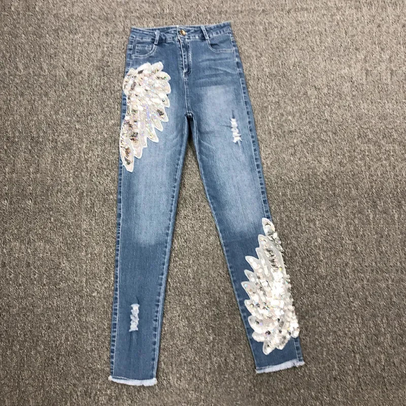 White Sequin Phoenix flower Denim Pants For women's 2025 New Korean Slim Elastic Pencil Skinny Jeans Female Ankle length Pants