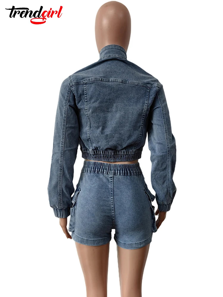 Mlaiscsr Stretch Denim Long Sleeve Two 2 Pieces Set Women‘s Streetwear Jacket Crop Tops and Shorts Jean Matching Suit Clubwear