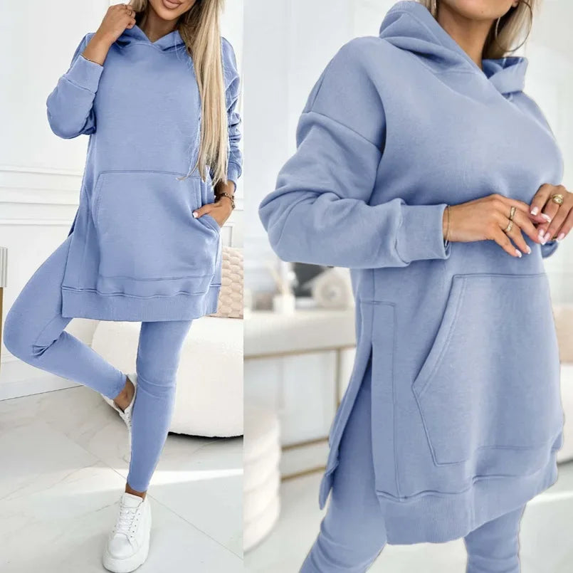 Women Pant Sets Two Pieces Tracksuit Hooded Solid Sweatshirts Pullover Pencil Pants Slim High Street Pockets Ankle Length