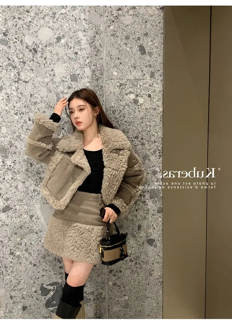 Retro style fashionable splicing furry short coat top high waist skirt short skirt two-piece suit winter women's clothing