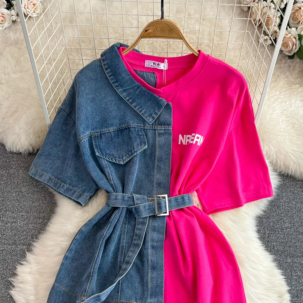 Elegant Summer Women Patchwork Denim Shirts Vintage Casual Slim Blouses Tops with Belted Female Fashion Pullover Clothes New