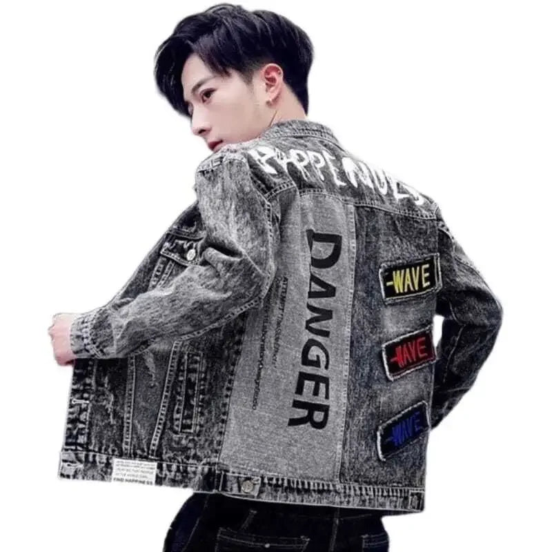 Button Hip Hop Casual Slim Short Autumn with Print Denim Jackets Man Black Gray Jeans Coat for Men on Board High Quality Fashion