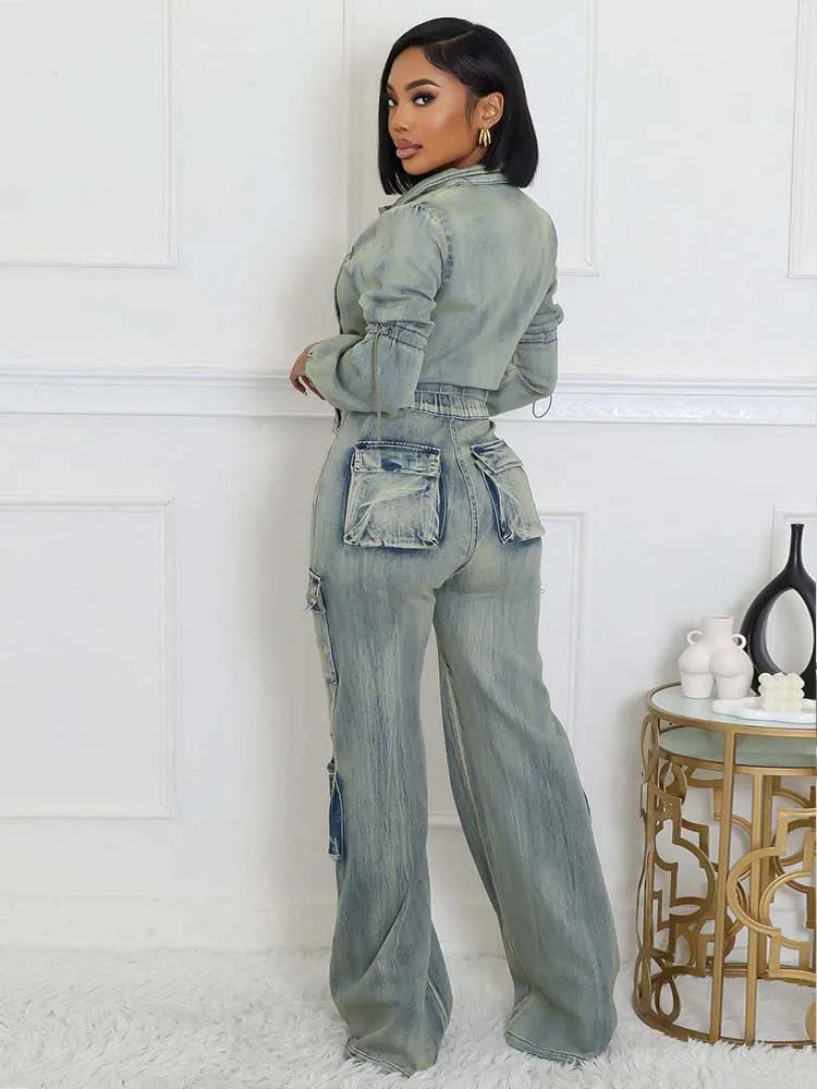 2 Piece Set for Women Winter Long Sleeve Denim Jacket and Jeans Streetwear Sexy Stretchy Denim Pant Sets Wholesale Dropshipping