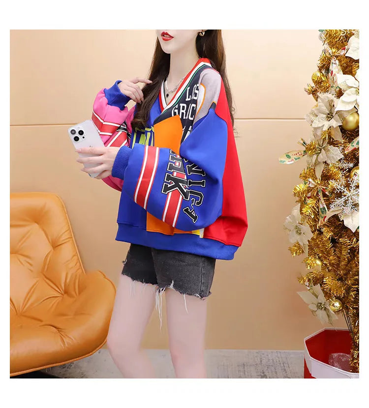 HLJ Fashion Y2K Letter Print Pullover Two Piece Sets Women V Neck Long Sleeve Top And Mini Pleated Skirts Outfit Female Clothing