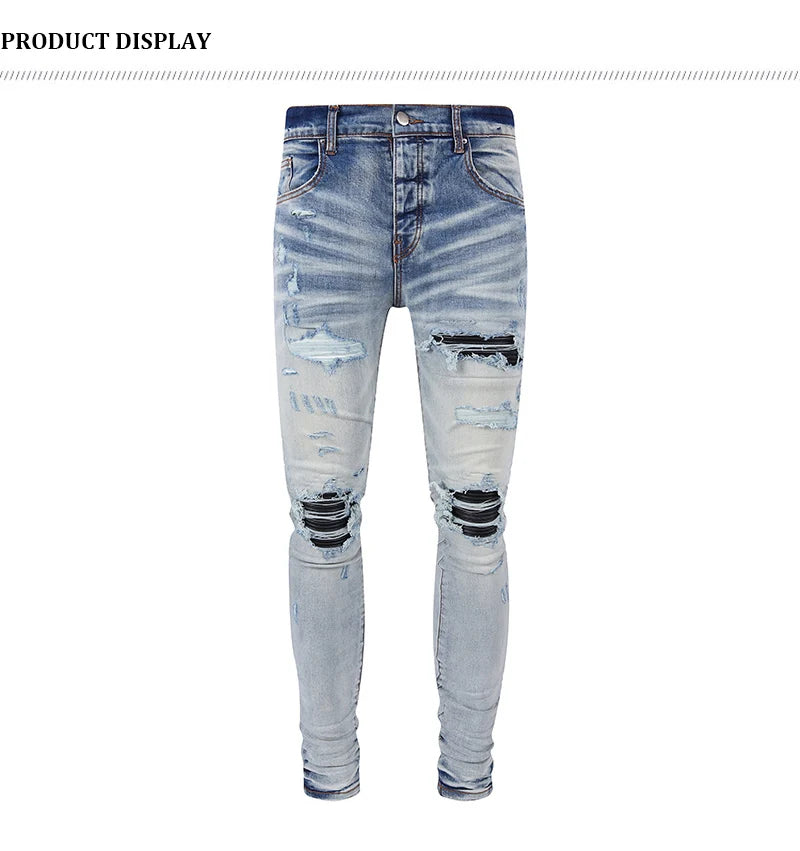 Street Fashion Men Jeans Retro Light Blue Stretch Skinny Fit Ripped Jeans Men Leather Patched Designer Hip Hop Brand Denim Pants