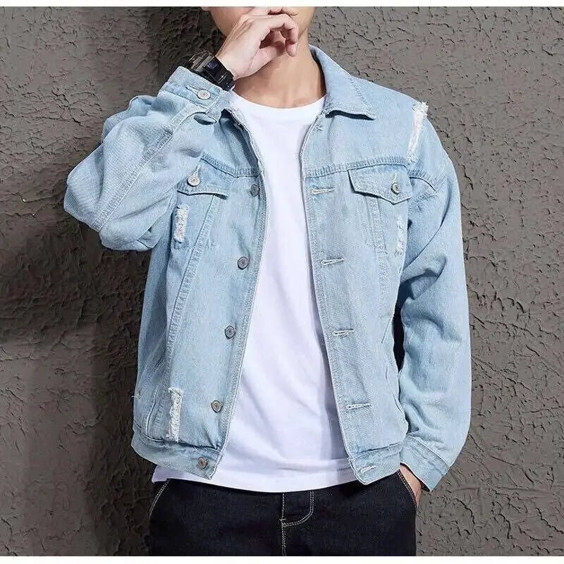 With Embroidery Men's Denim Jacket Autumn Trendy Fashion High Quality Male Jean Coats Fast Delvery Menswear Rock of Fabric Korea