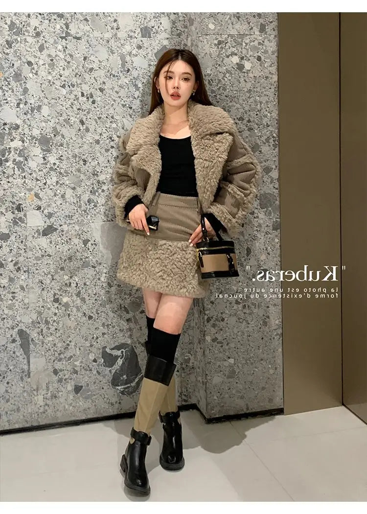 Retro style fashionable splicing furry short coat top high waist skirt short skirt two-piece suit winter women's clothing