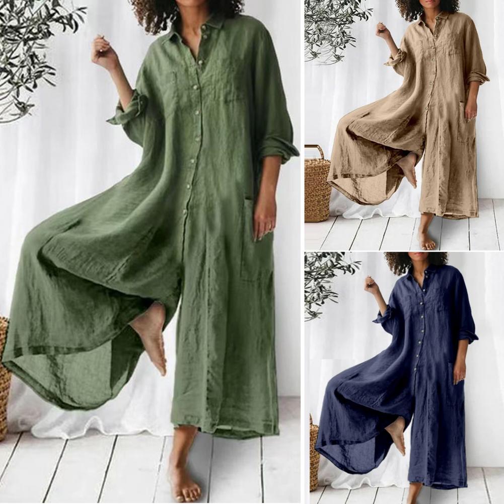 Cotton LinenWomen Jumpsuit Oversized Vintage Button Jumpsuit Summer Women Casual Beach Playsuit Wide Legs Pants Loose Romper