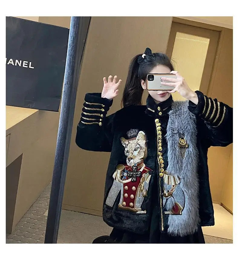 Luxury Women Cartoon Embroidery Faux Mink Fur Stitching Jacket Stand Collar Velvet Coat OL Furry Cardigan Flocking Tops Jaqueta