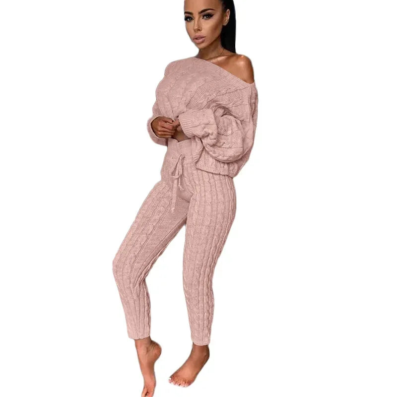 Women Set Two Piece Sets Autumn and Winter  Women O-neck Pullover Woolen Trousers Pants Suit Solid Casual Knitted Sweatshirt Set