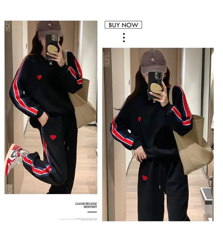 Autumn Cute Love Embroidery Pant Sets Two Pieces Tracksuits Khaki Side Striped Sweatshirt Women Girls Loose Sporty Korean Style