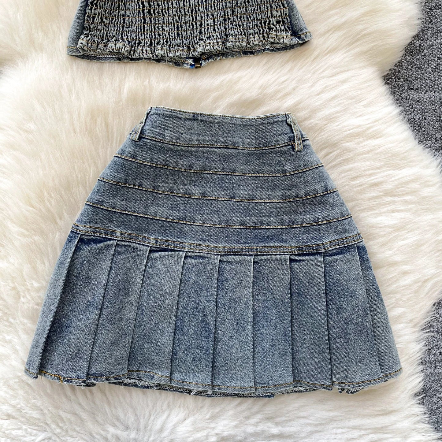 2025 New Women Denim Clothing Suits Chic Zipper Willow nail sleeveless strapless Tops + Pleated Jeans Mini Skirt 2-piece Sets