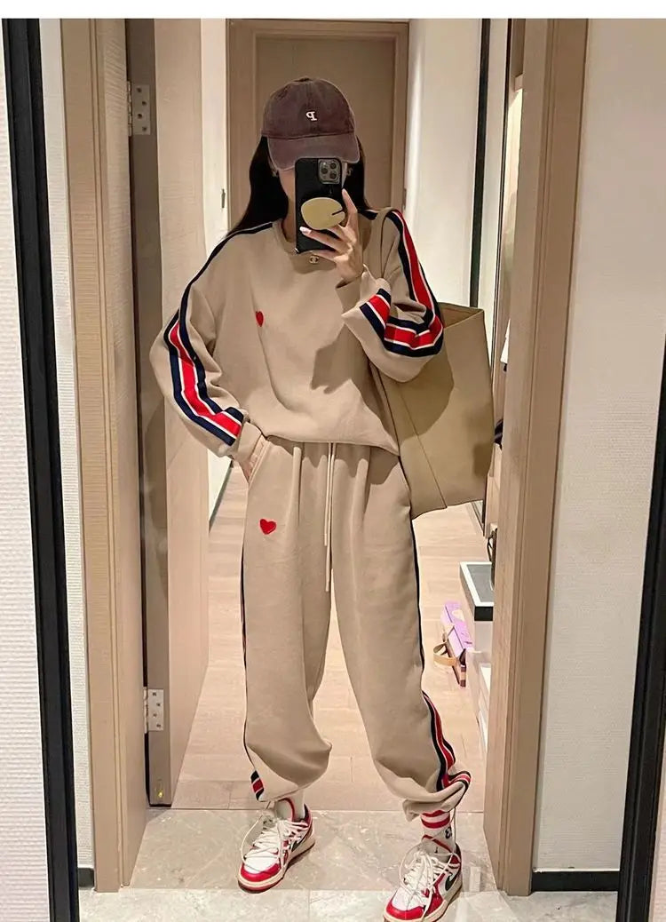 Autumn Cute Love Embroidery Pant Sets Two Pieces Tracksuits Khaki Side Striped Sweatshirt Women Girls Loose Sporty Korean Style