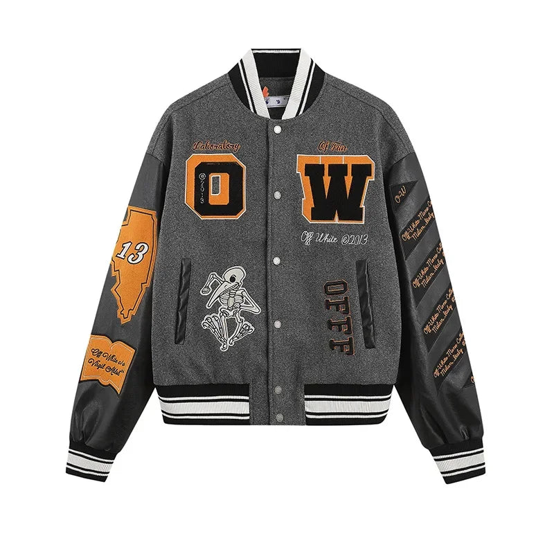 2022 Early Spring New OW Skull Embroidery Woolen Jacket With Cloth Sleeves Heavy Duty Embroidery Casual Style Loose Fit