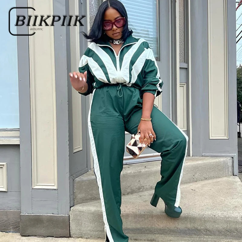 BIIKPIIK Contrast-color Women Tracksuits Sporty Fitness Fashion Two Piece Pants Sets Jacket + Pants Jogging Street Style Outfits