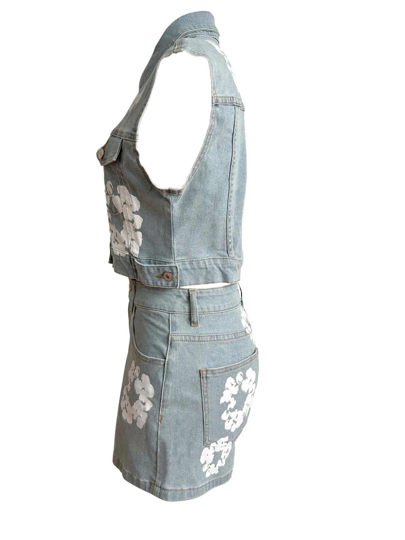 Summer Women'S Denim Outfits Casual Flower Print Stretch Crop Vest Top+Shorts Matching Sets Lady Y2k Two Piece Shorts  Denim Set