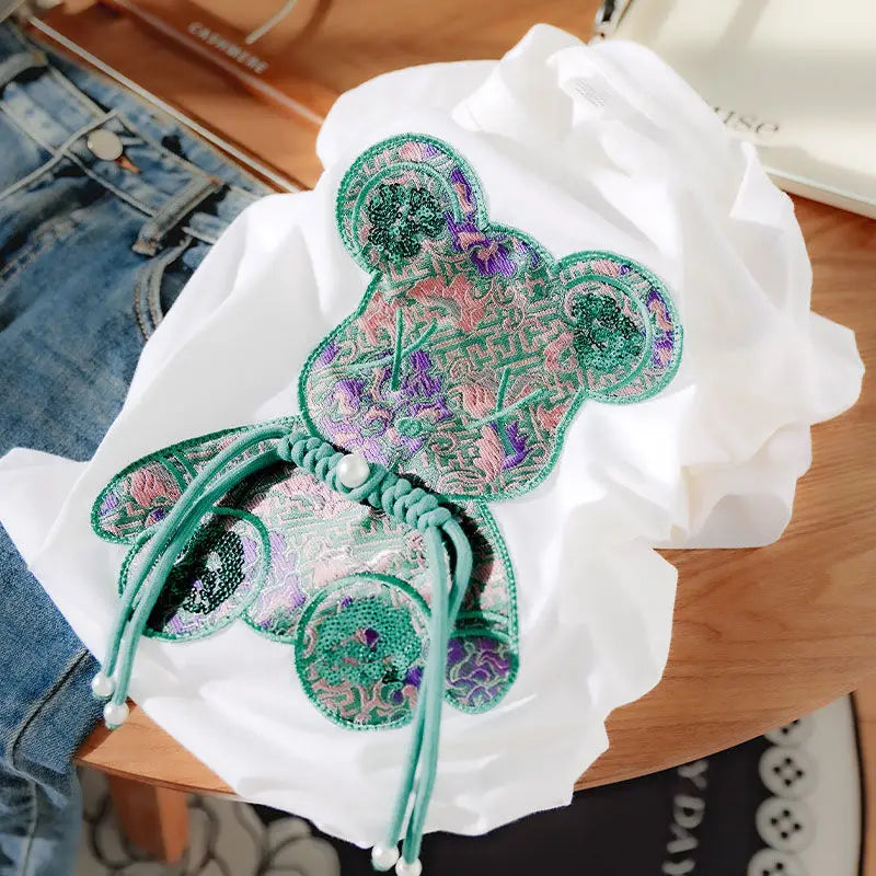 Buckle Pink Bear Beading T-shirt Heavy Handmade Diomand Shiny Bowknot Embroidery T Shirt Summer Tees Top Accessories Clothes