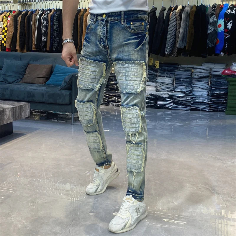 High Street Fashion Washed Vintage High Quality Hip Hop Jeans Vaqueros Hombre Zipper Used Beggar Pants Bootcut Jeans For Men