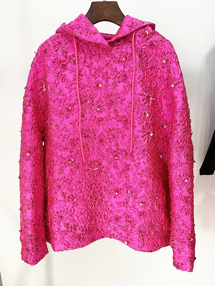 HIGH STREET Newest 2024 F/W Designer Tops Women's Jacquard Beaded Loose Hooded Hoodie