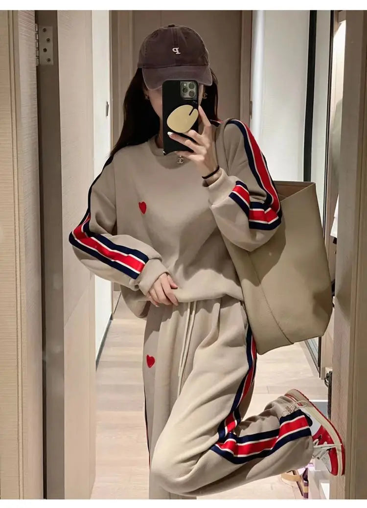 Autumn Cute Love Embroidery Pant Sets Two Pieces Tracksuits Khaki Side Striped Sweatshirt Women Girls Loose Sporty Korean Style