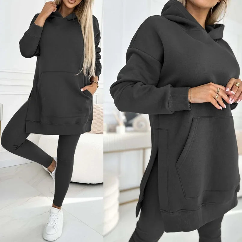 Women Pant Sets Two Pieces Tracksuit Hooded Solid Sweatshirts Pullover Pencil Pants Slim High Street Pockets Ankle Length