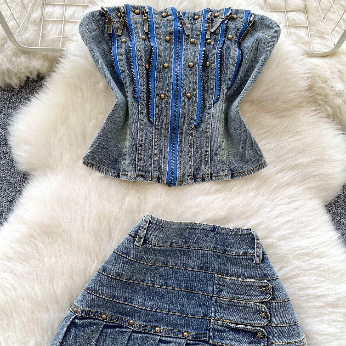 2025 New Women Denim Clothing Suits Chic Zipper Willow nail sleeveless strapless Tops + Pleated Jeans Mini Skirt 2-piece Sets