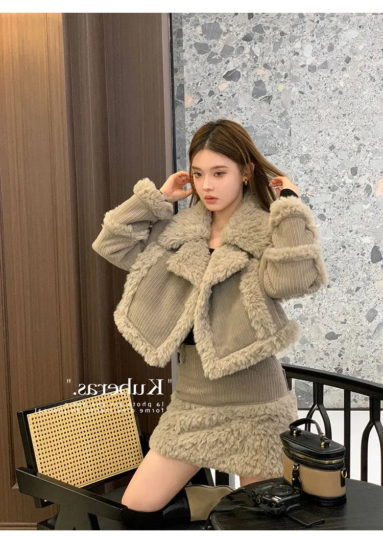 Retro style fashionable splicing furry short coat top high waist skirt short skirt two-piece suit winter women's clothing