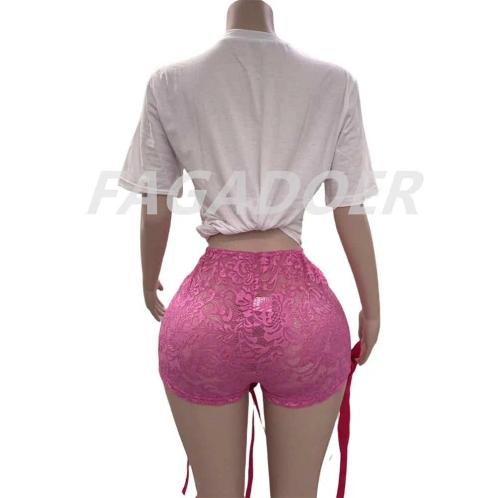 FAGADOER Fashion Y2K Sweet Bow Bandage Lace 2 Piece Sets Outfits Women Round Neck Short Sleeve Top And Shorts Outfits Streetwear